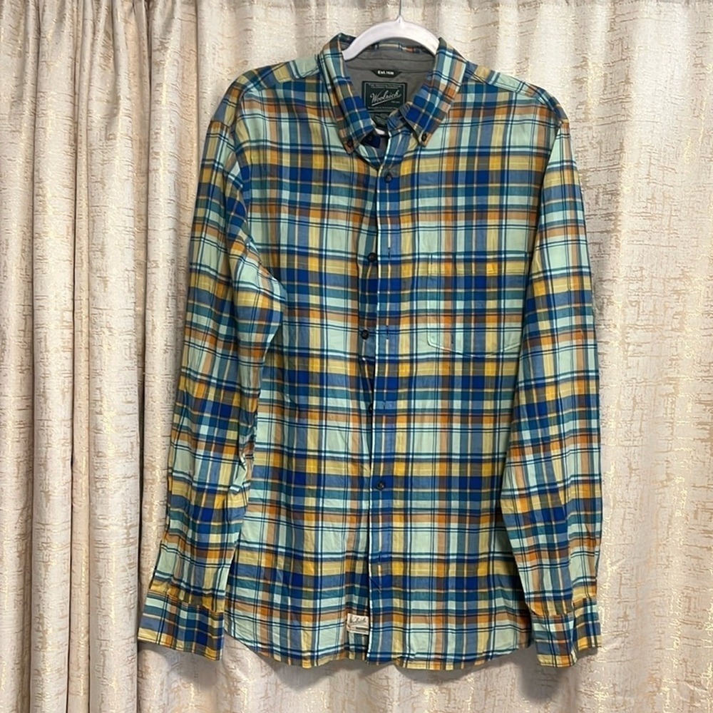 Woolrich Plaid Button Down Men Large Blue Yellow Organic Cotton Cabin Rugged